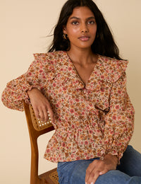 Pink Floral Frill Collar Top