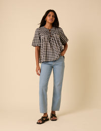 Black Tie Front Smock Gingham Blouse