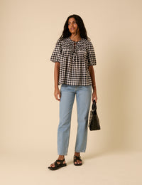 Black Tie Front Smock Gingham Blouse