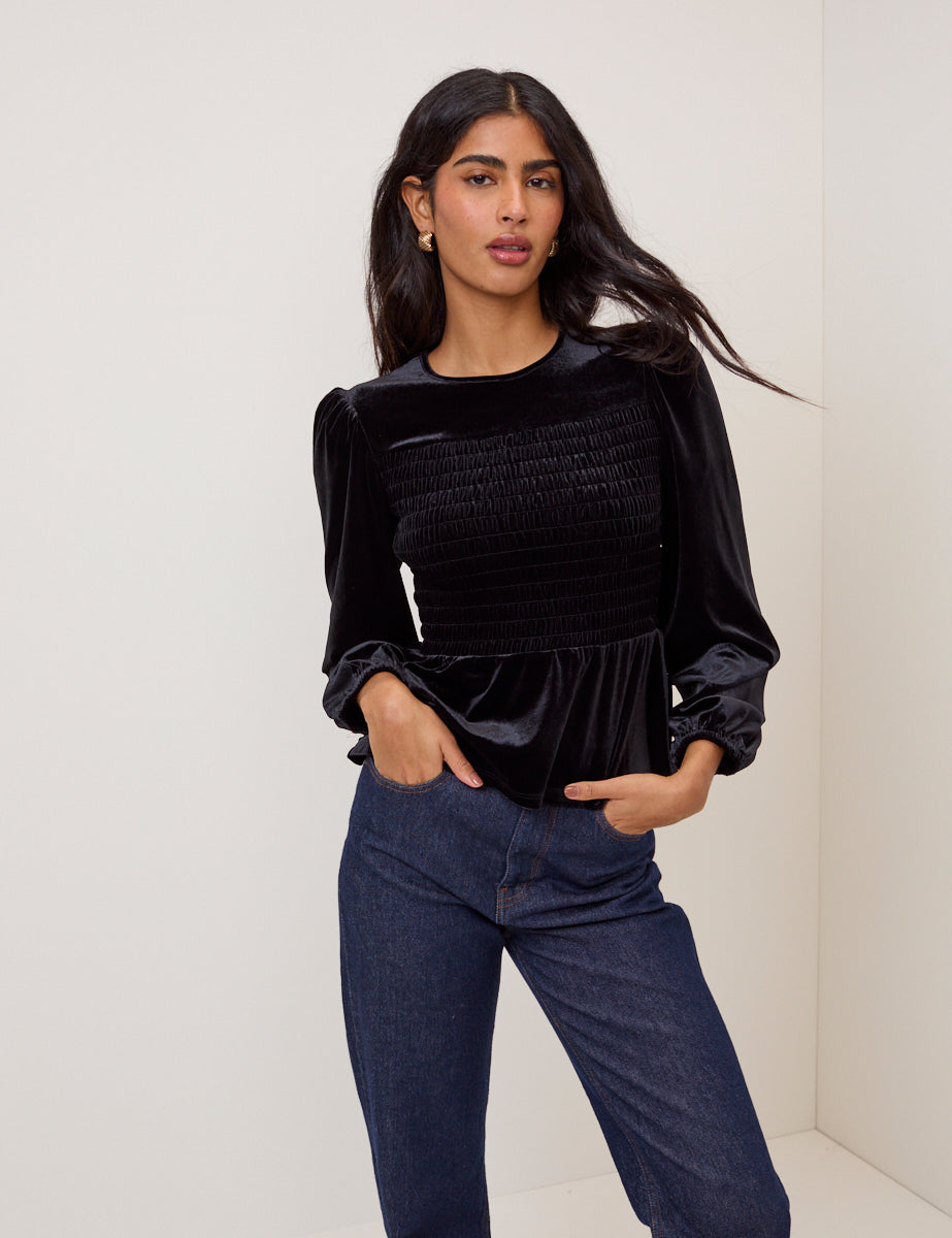 Black Velvet Shirred Balloon Sleeve Top