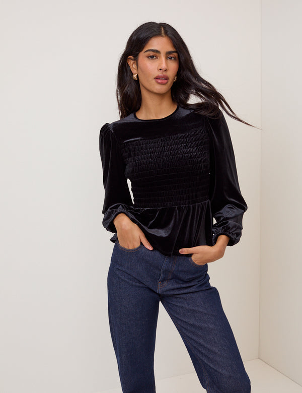 Black Velvet Shirred Balloon Sleeve Top