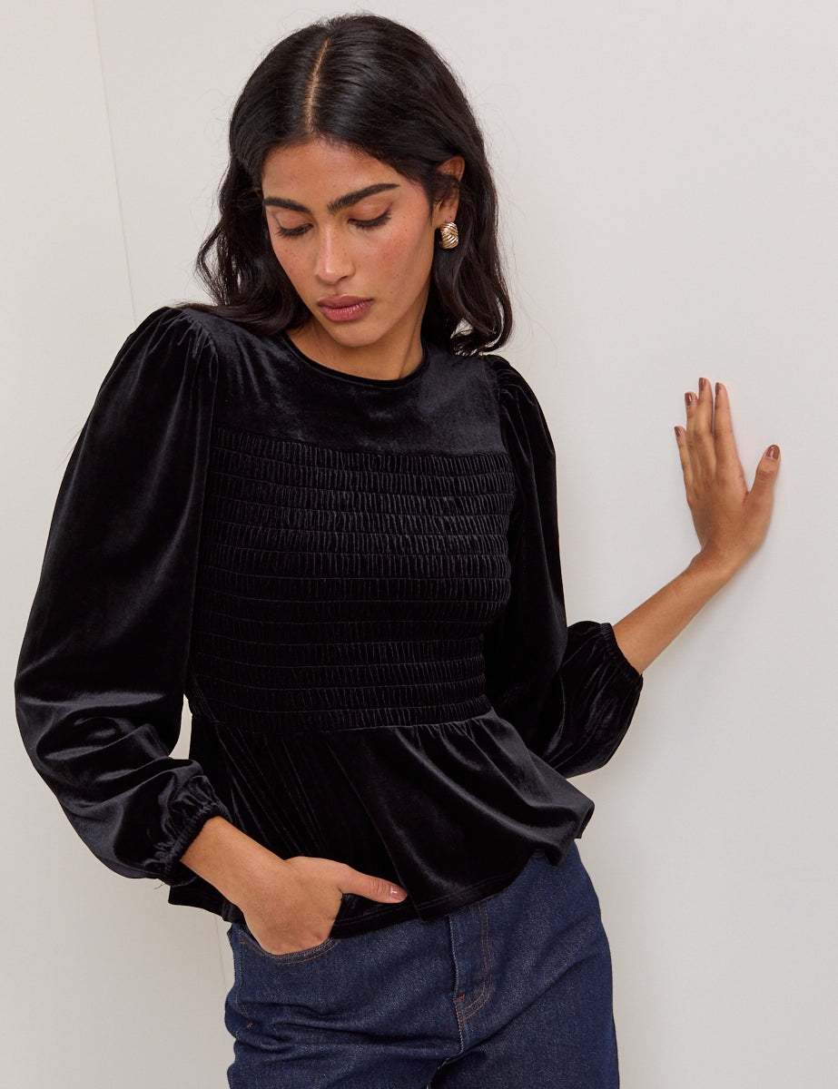 Black Velvet Shirred Balloon Sleeve Top