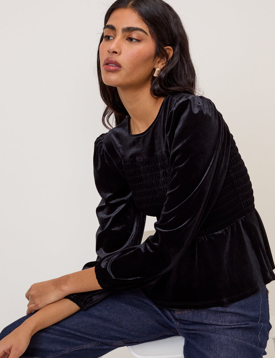 Black Velvet Shirred Balloon Sleeve Top