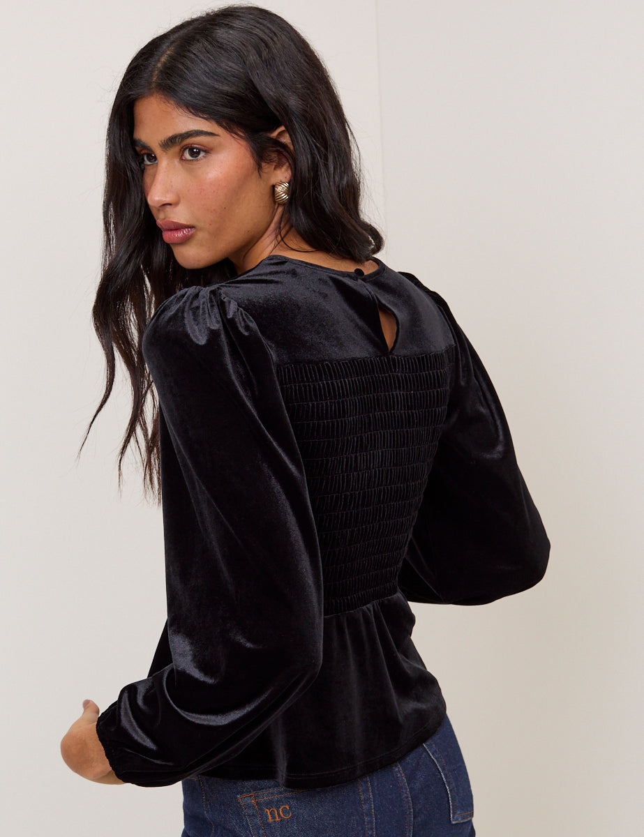 Black Velvet Shirred Balloon Sleeve Top