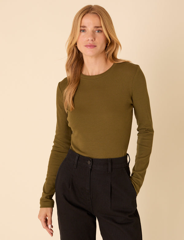 Green Ribbed Long Sleeve Jersey Top