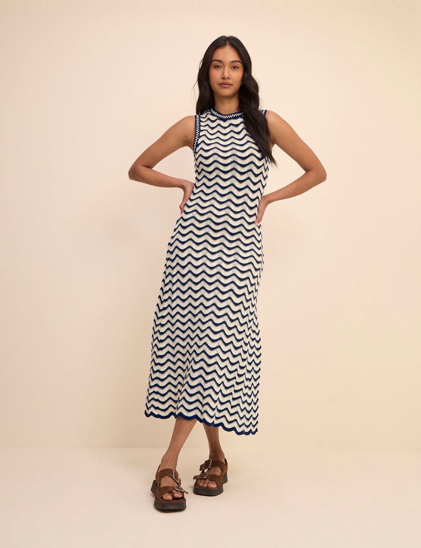 Navy and Cream Crochet Knitted Midi Dress