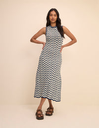 Navy and Cream Crochet Knitted Midi Dress