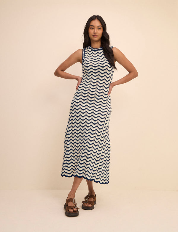 Navy and Cream Crochet Knitted Midi Dress