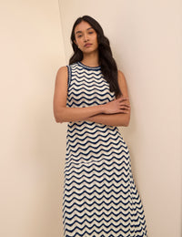 Navy and Cream Crochet Knitted Midi Dress