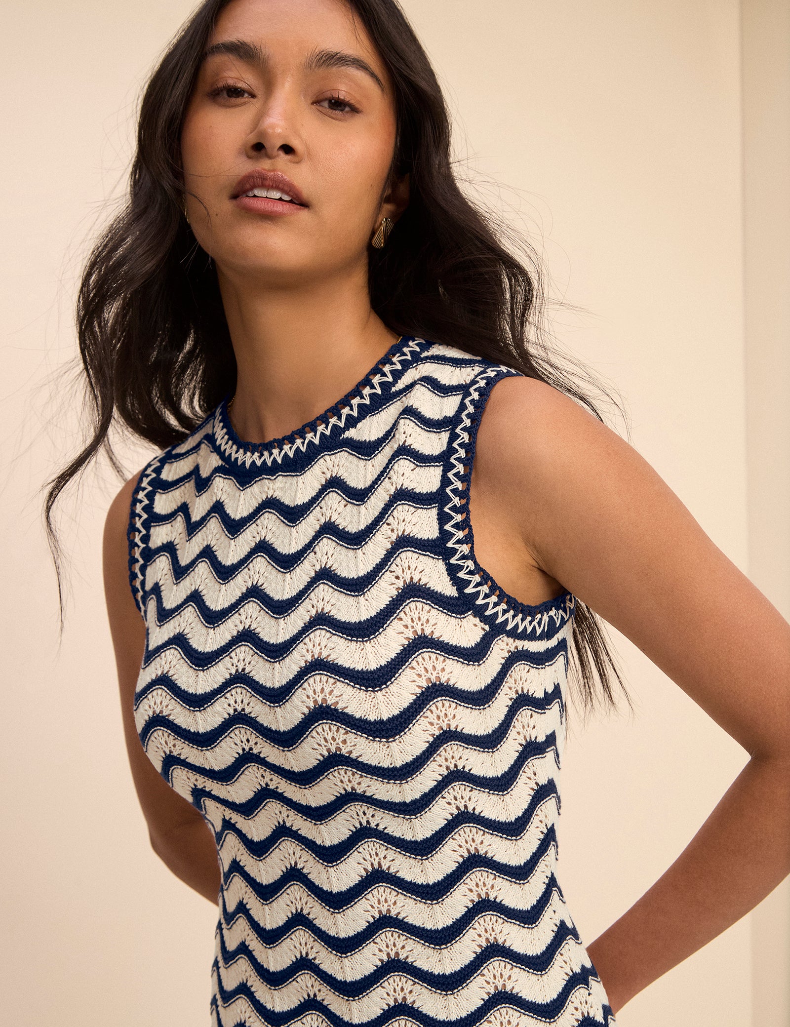 Navy and Cream Crochet Knitted Midi Dress