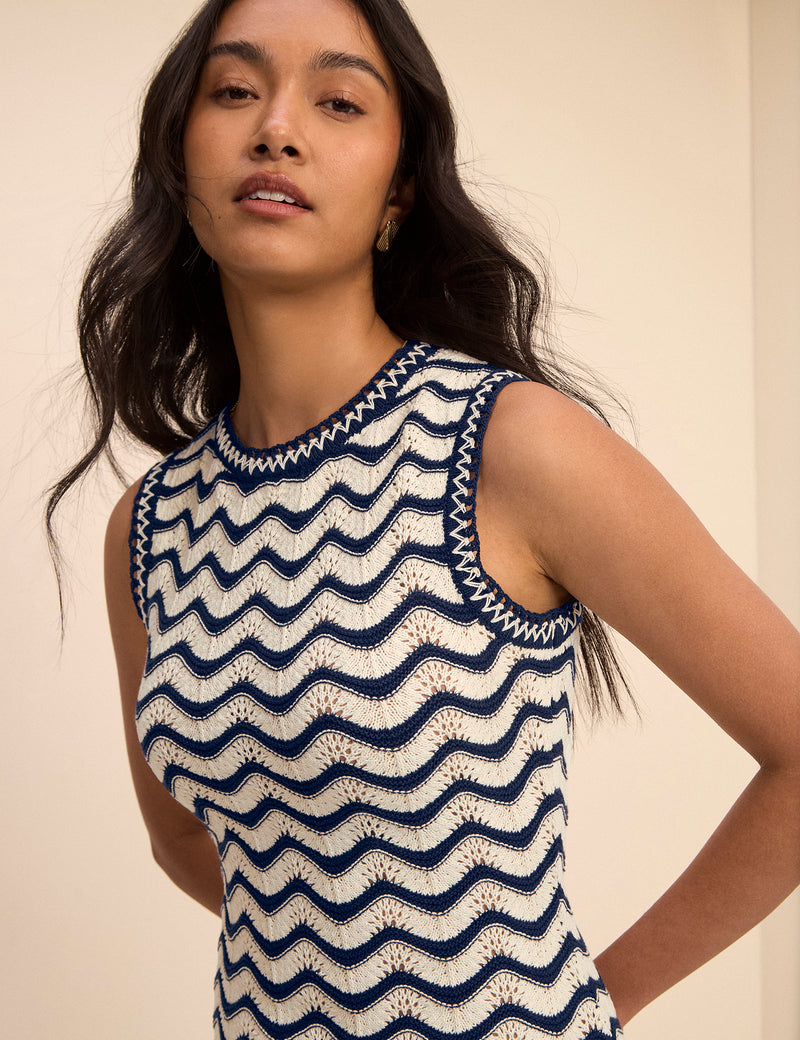 Navy and Cream Crochet Knitted Midi Dress