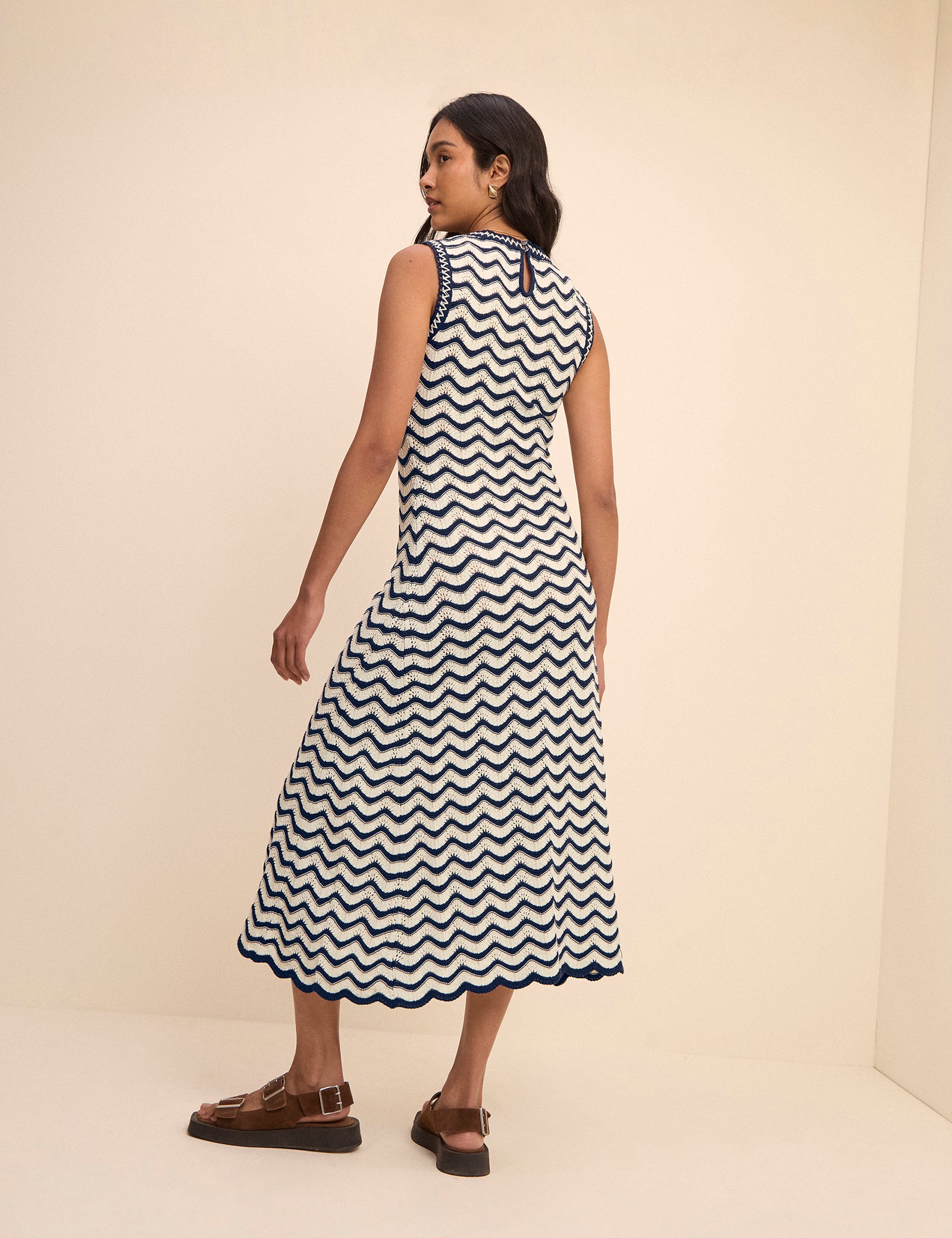 Navy and Cream Crochet Knitted Midi Dress