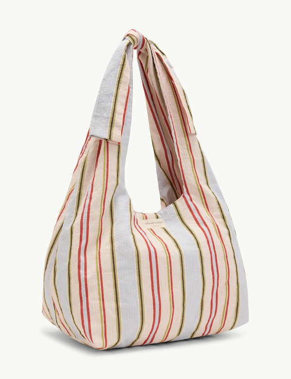 Cream Striped Bow Tie Strap Tote Bag