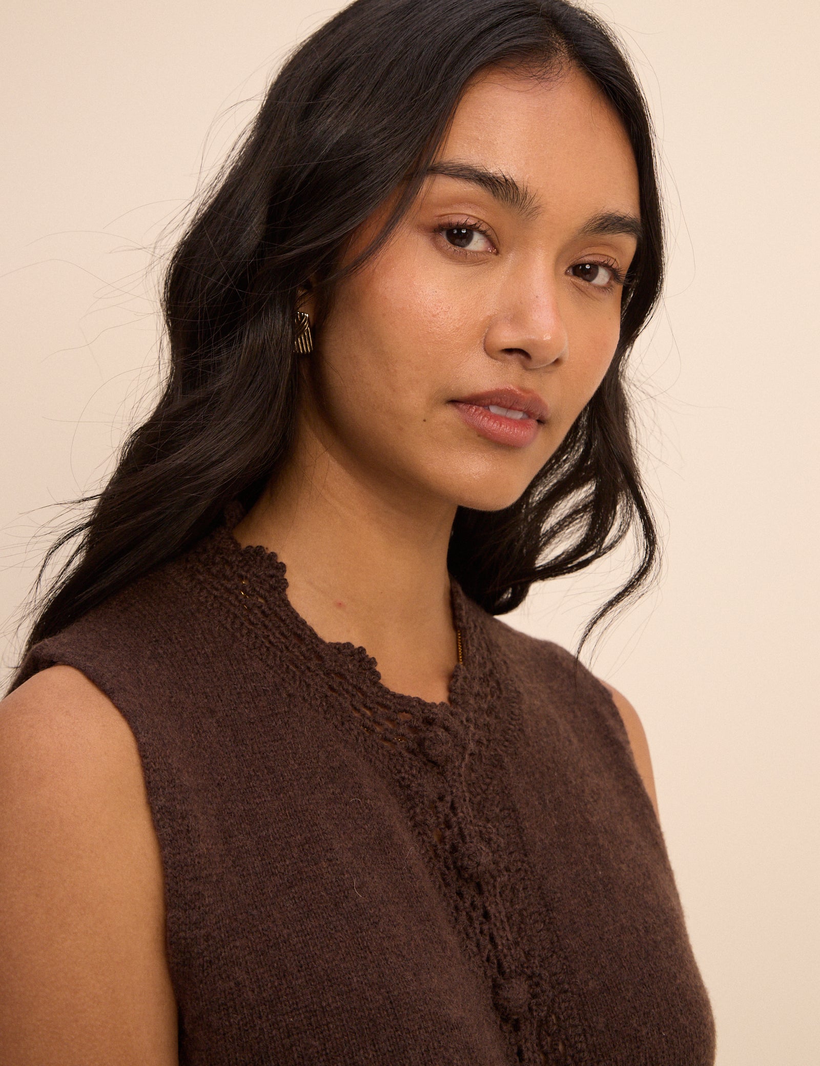 Brown Wool-Blend Crochet Trim Vest