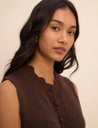 Brown Wool-Blend Crochet Trim Vest