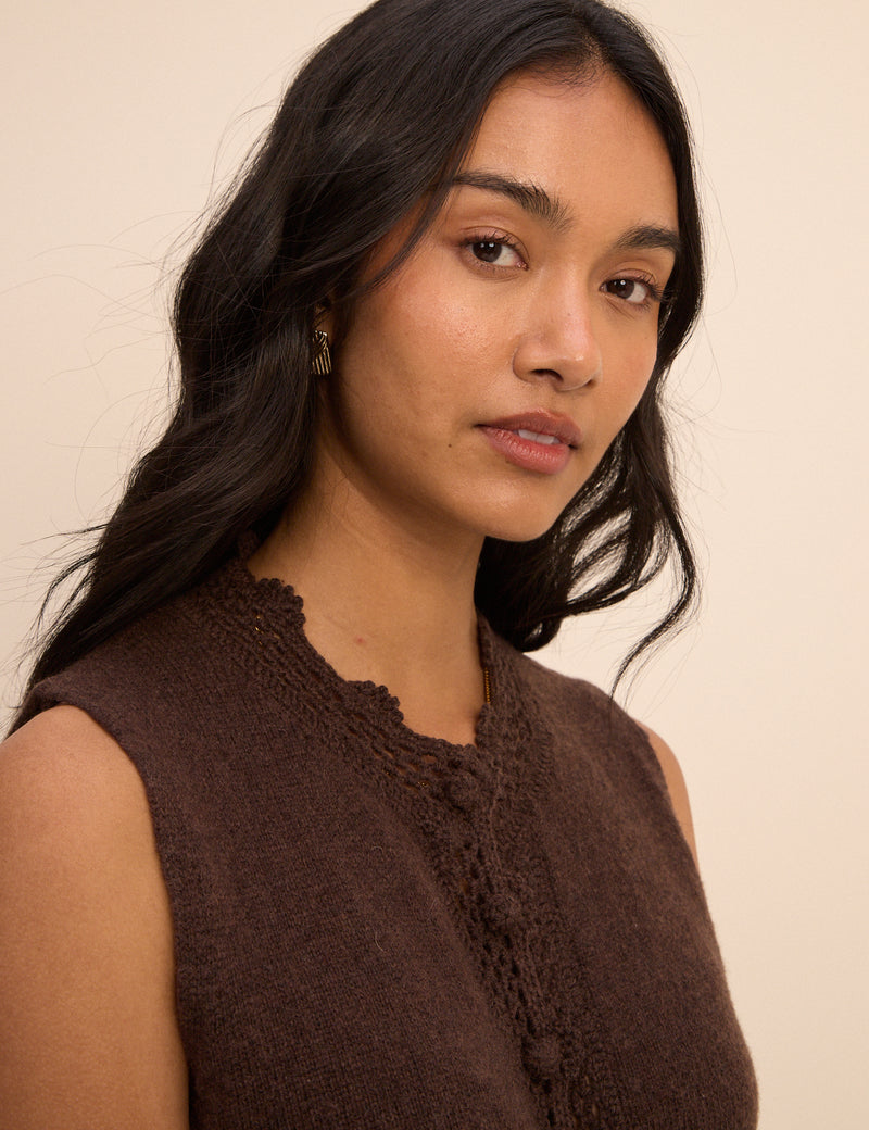 Brown Wool-Blend Crochet Trim Vest
