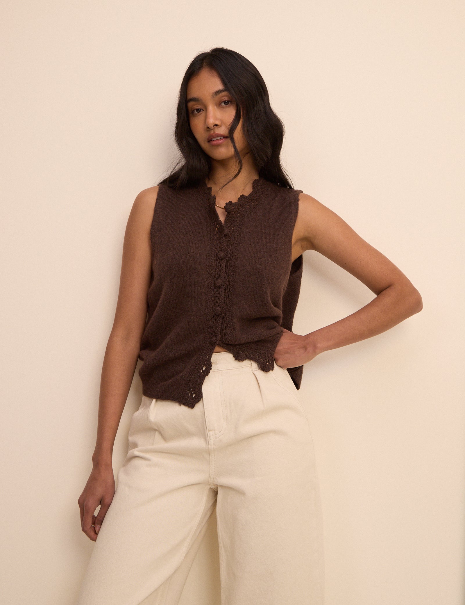 Brown Wool-Blend Crochet Trim Vest