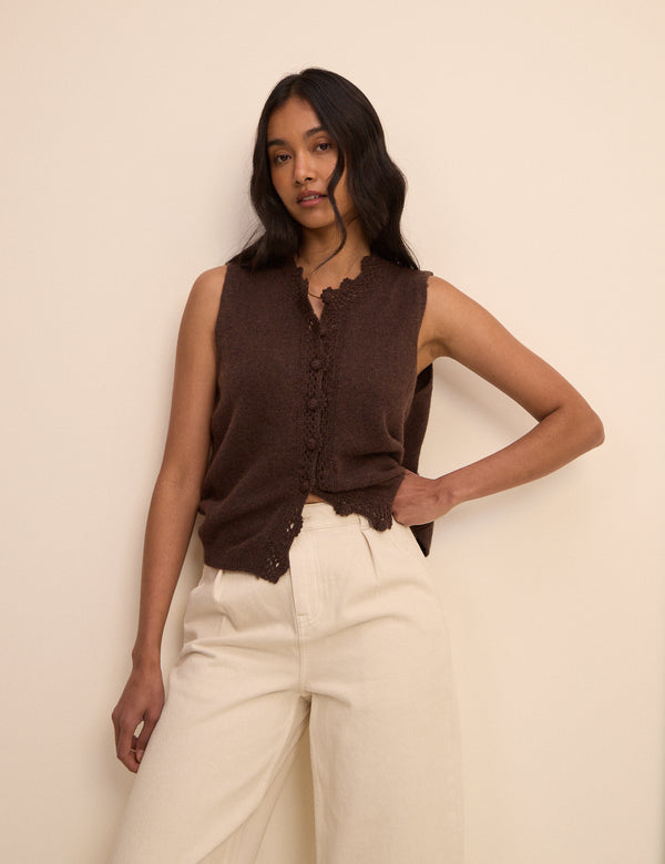 Brown Wool-Blend Crochet Trim Vest