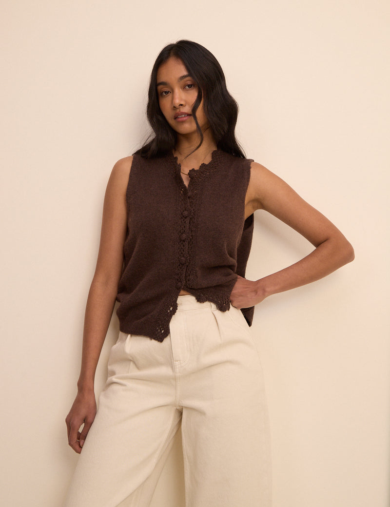 Brown Wool-Blend Crochet Trim Vest