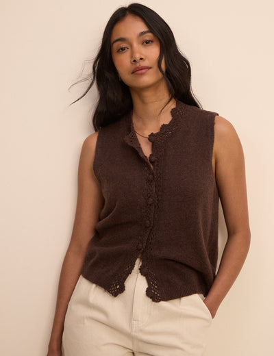 Brown Wool-Blend Crochet Trim Vest