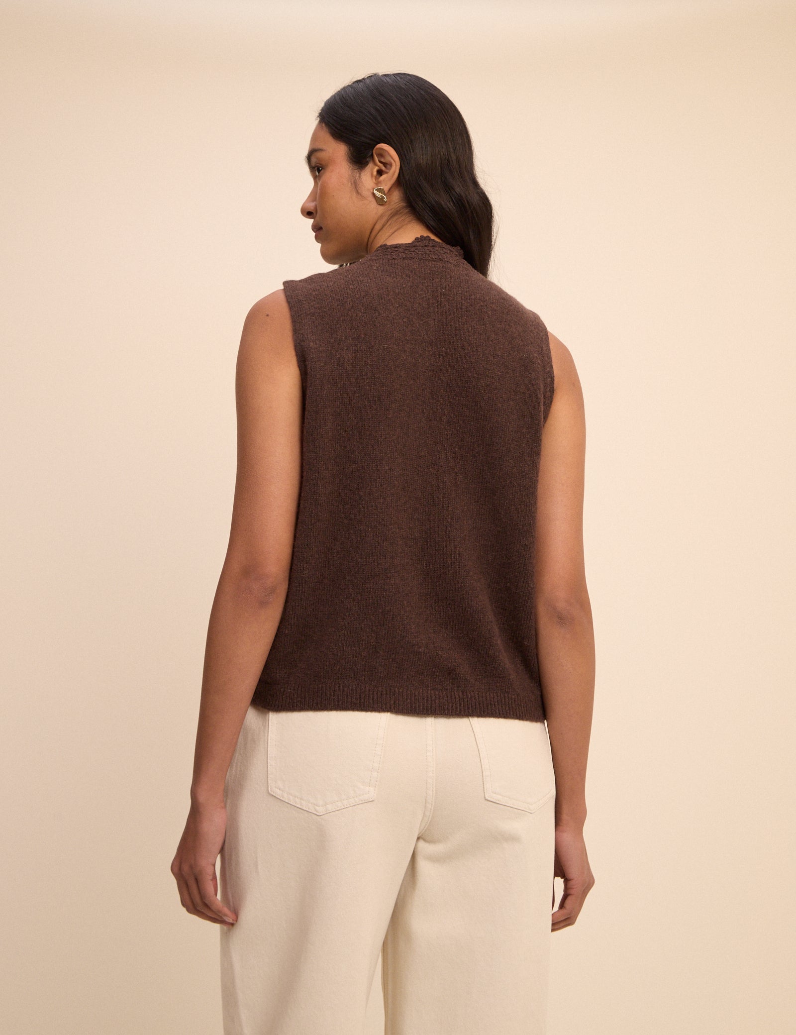 Brown Wool-Blend Crochet Trim Vest