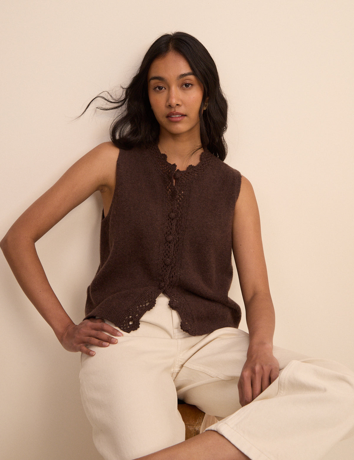 Brown Wool-Blend Crochet Trim Vest