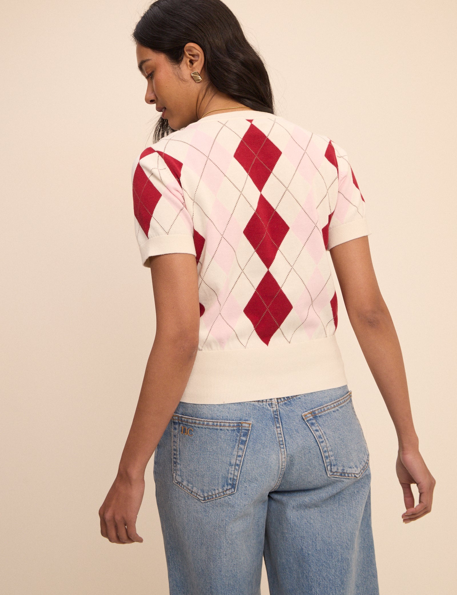 Pink and Red Argyle Check Short Sleeve Cardigan