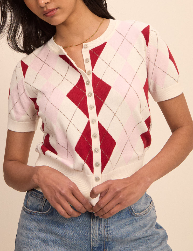 Pink and Red Argyle Check Short Sleeve Cardigan