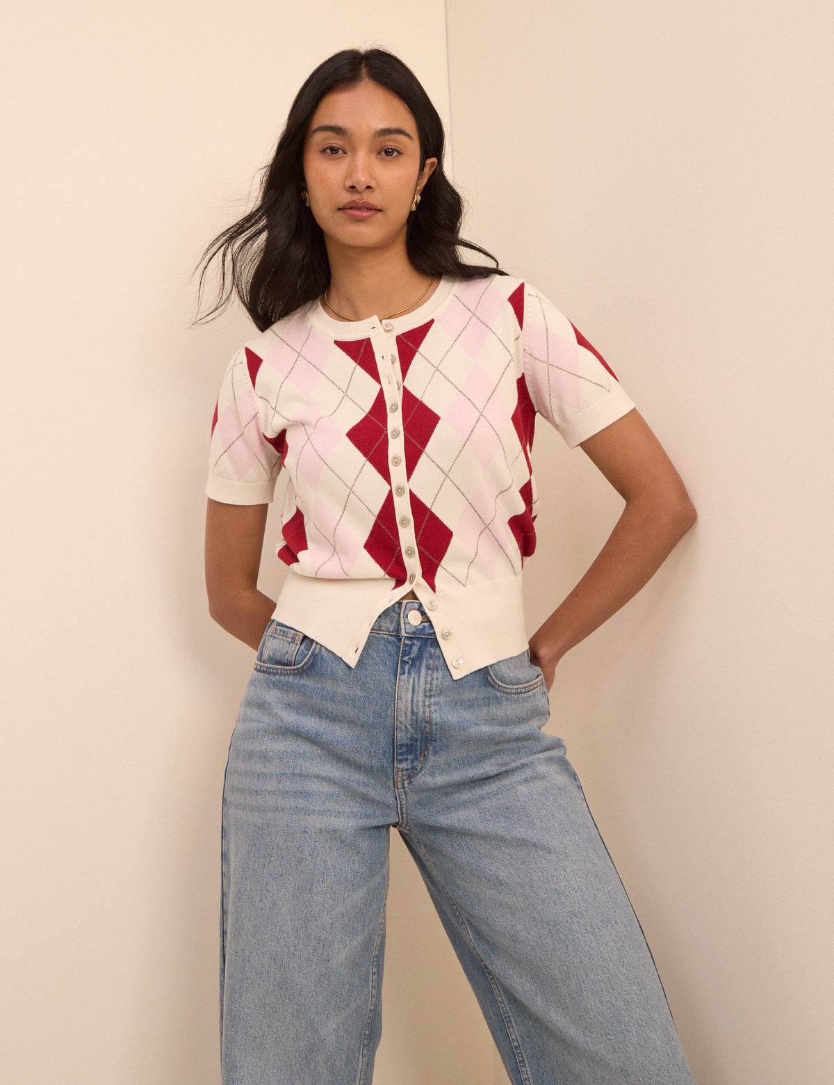 Pink and Red Argyle Check Short Sleeve Cardigan
