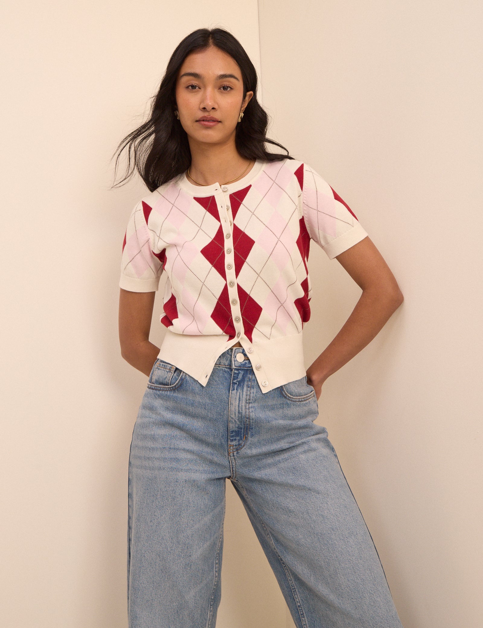 Pink and Red Argyle Check Short Sleeve Cardigan