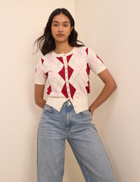 Pink and Red Argyle Check Short Sleeve Cardigan