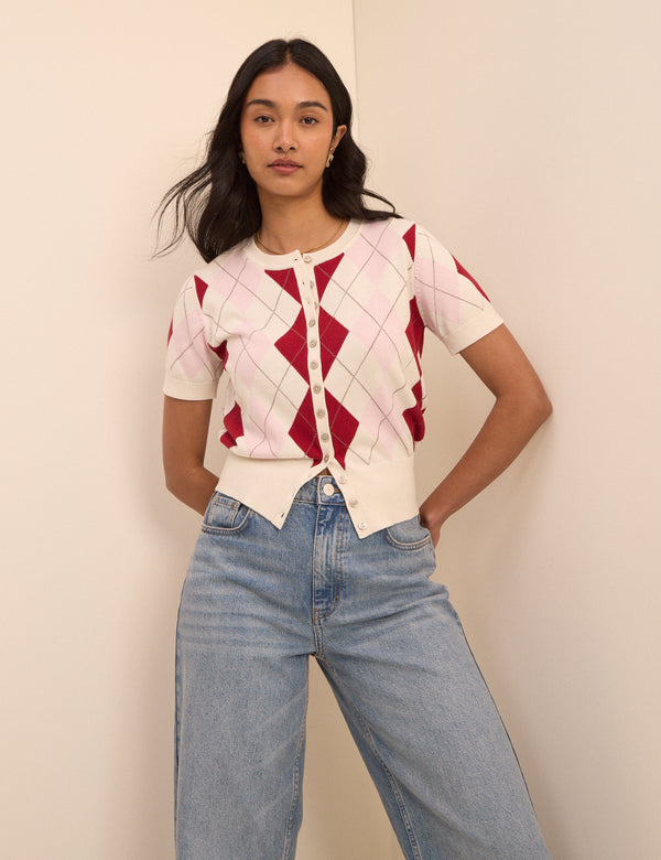 Pink and Red Argyle Check Short Sleeve Cardigan