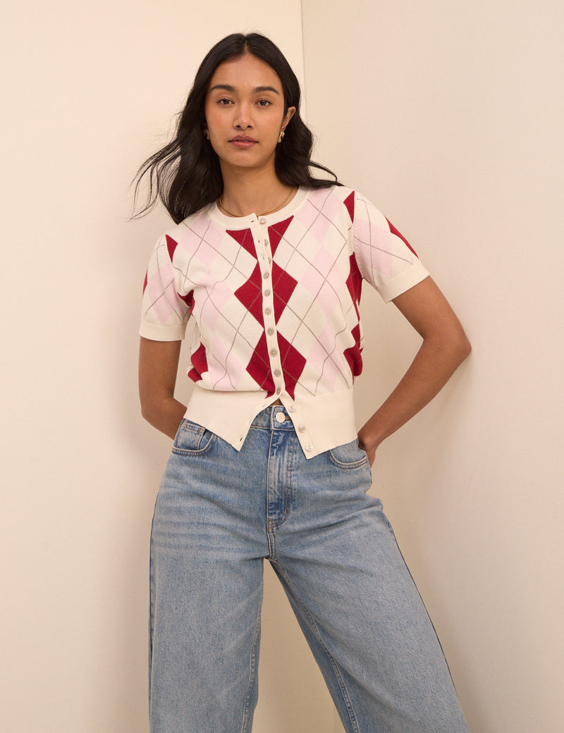 Pink and Red Argyle Check Short Sleeve Cardigan