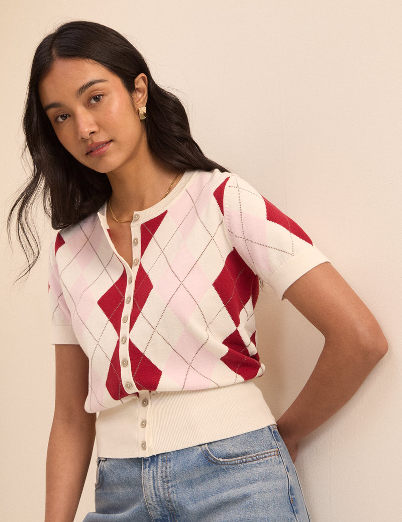 Pink and Red Argyle Check Short Sleeve Cardigan