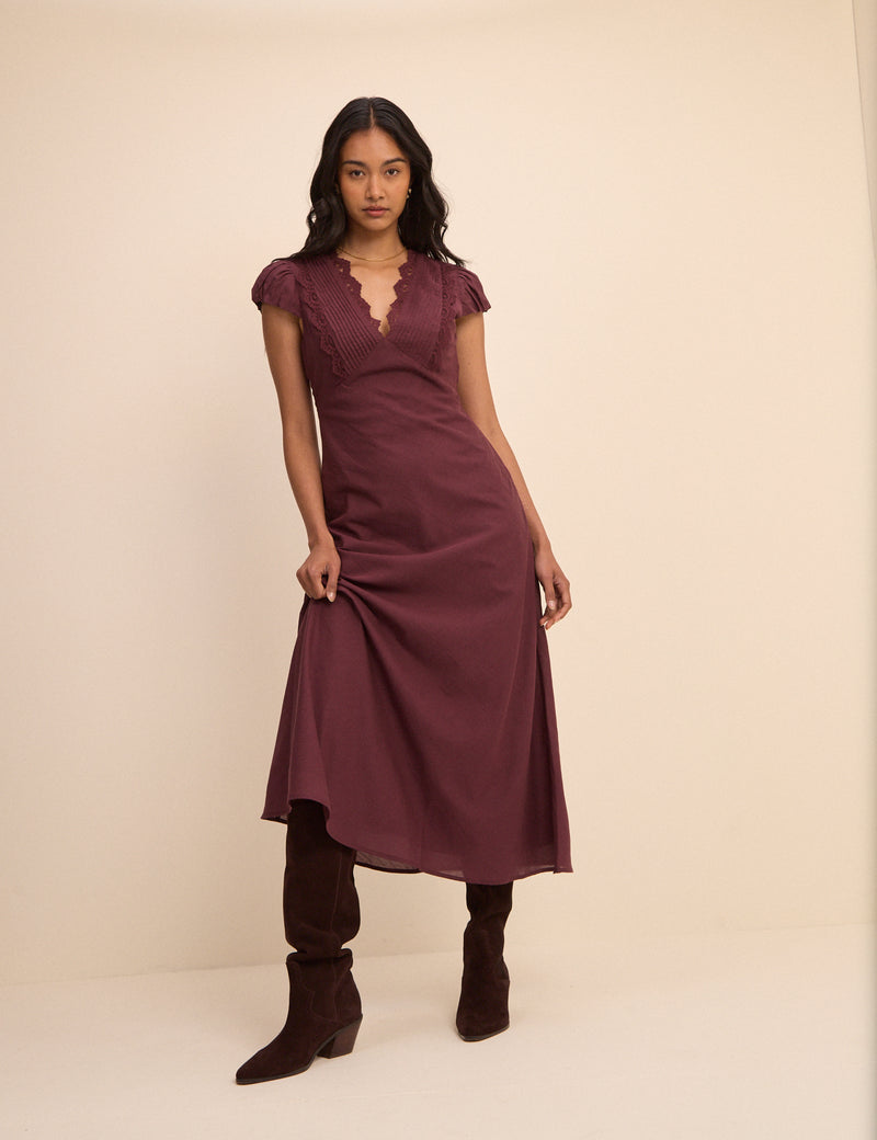 Burgundy Lace Trim Susie Midi Dress