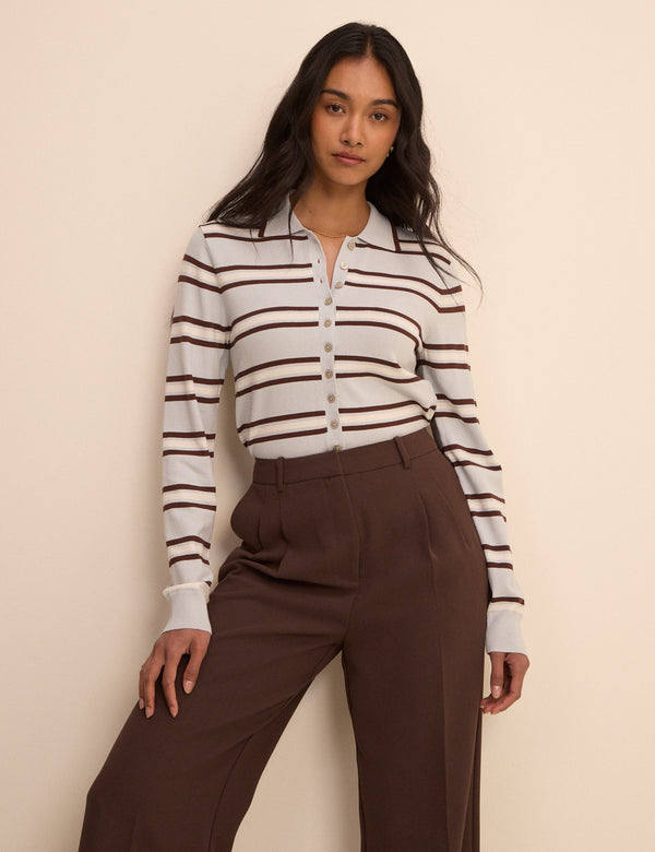 Baby Blue Striped Long Sleeve Knitted Polo Top