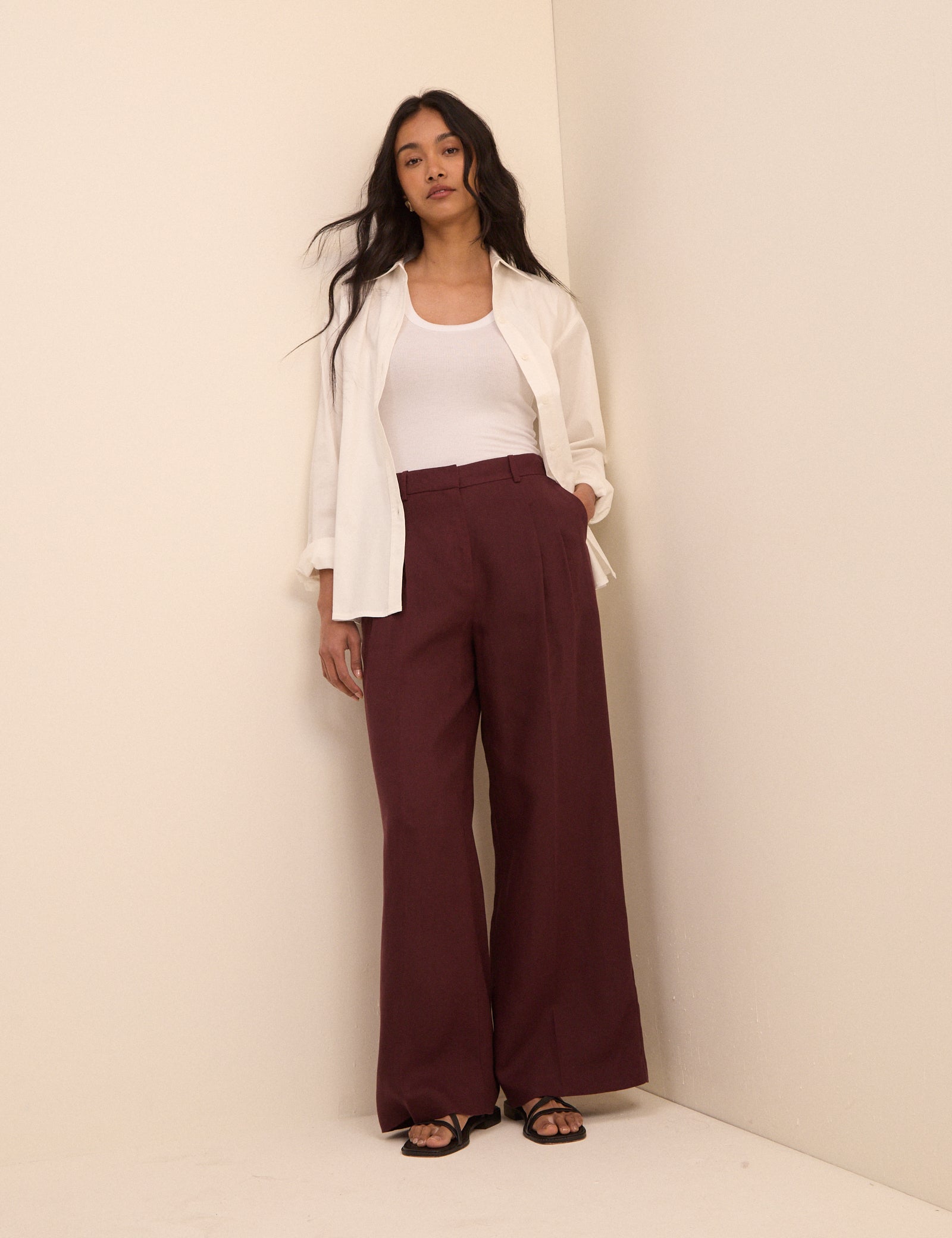 Burgundy Linen-Blend Jax Wide Leg Trousers