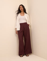 Burgundy Linen-Blend Jax Wide Leg Trousers