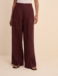 Burgundy Linen-Blend Jax Wide Leg Trousers