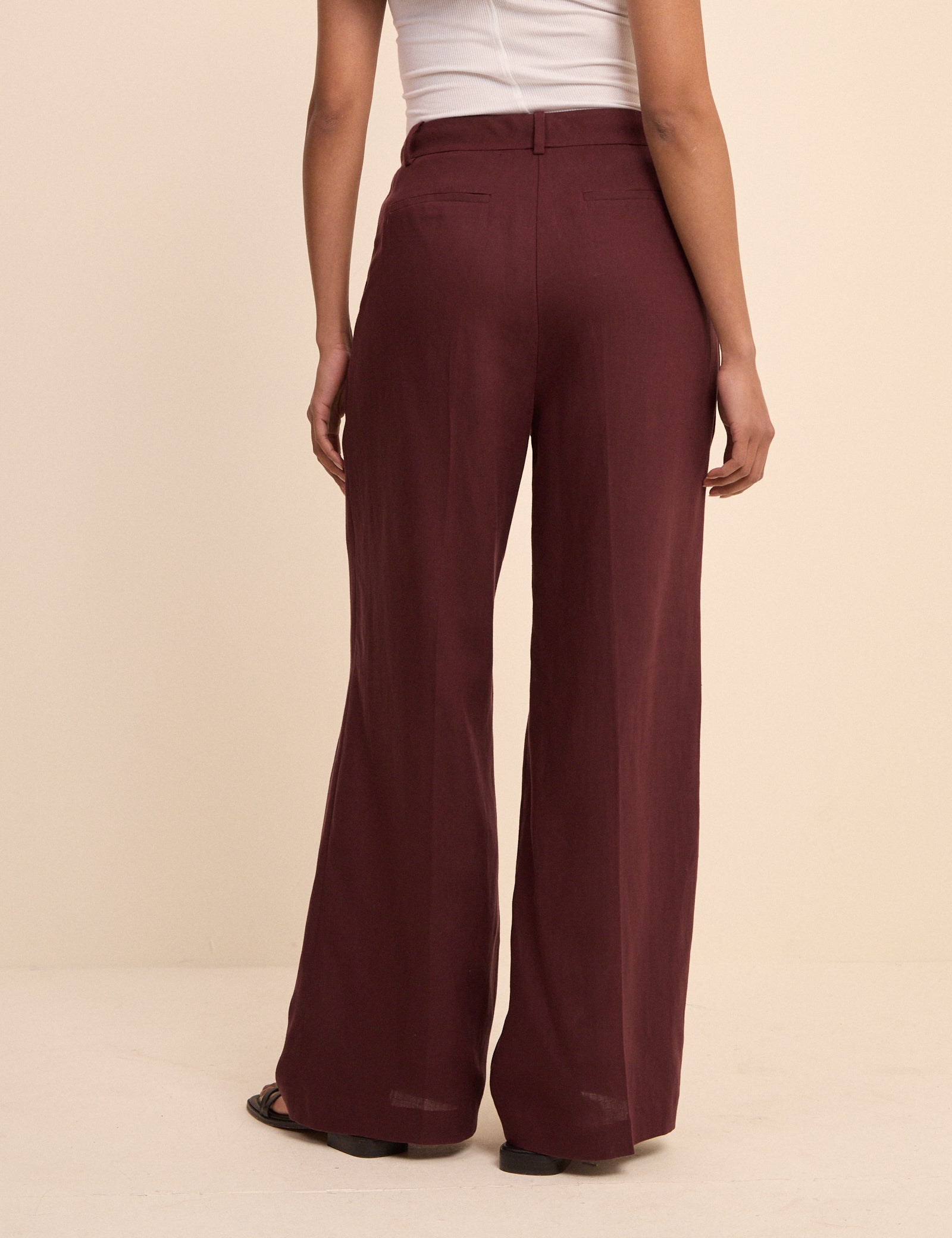 Burgundy Linen-Blend Jax Wide Leg Trousers