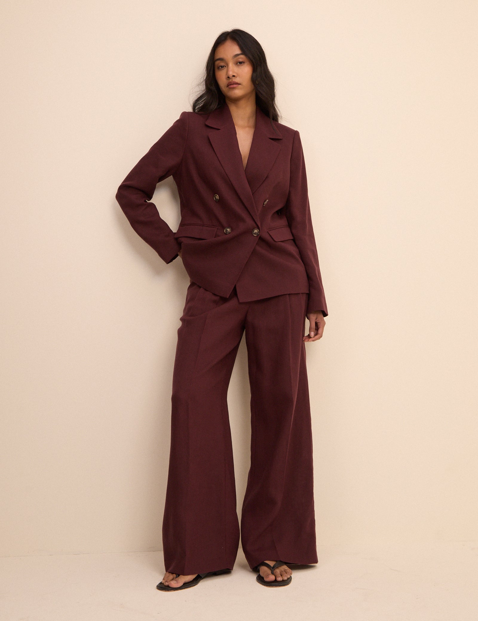 Burgundy Linen-Blend Jax Wide Leg Trousers