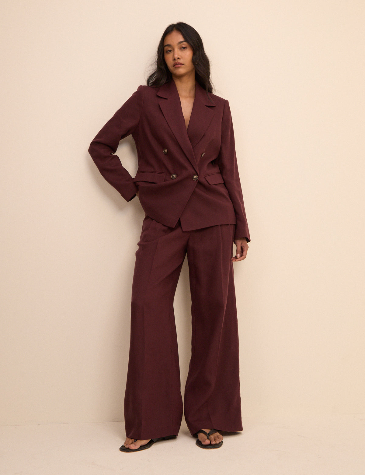 Burgundy Linen-Blend Jax Wide Leg Trousers