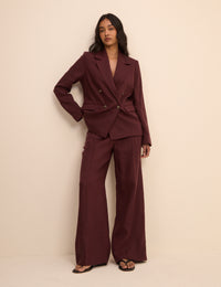 Burgundy Linen-Blend Jax Wide Leg Trousers