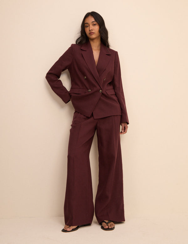 Burgundy Linen-Blend Jax Wide Leg Trousers