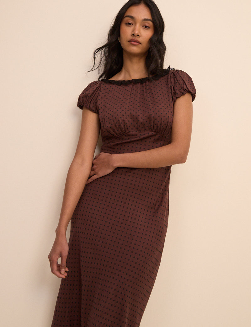 Petite Brown Polka Dot Puff Sleeve Marianna Midi Dress