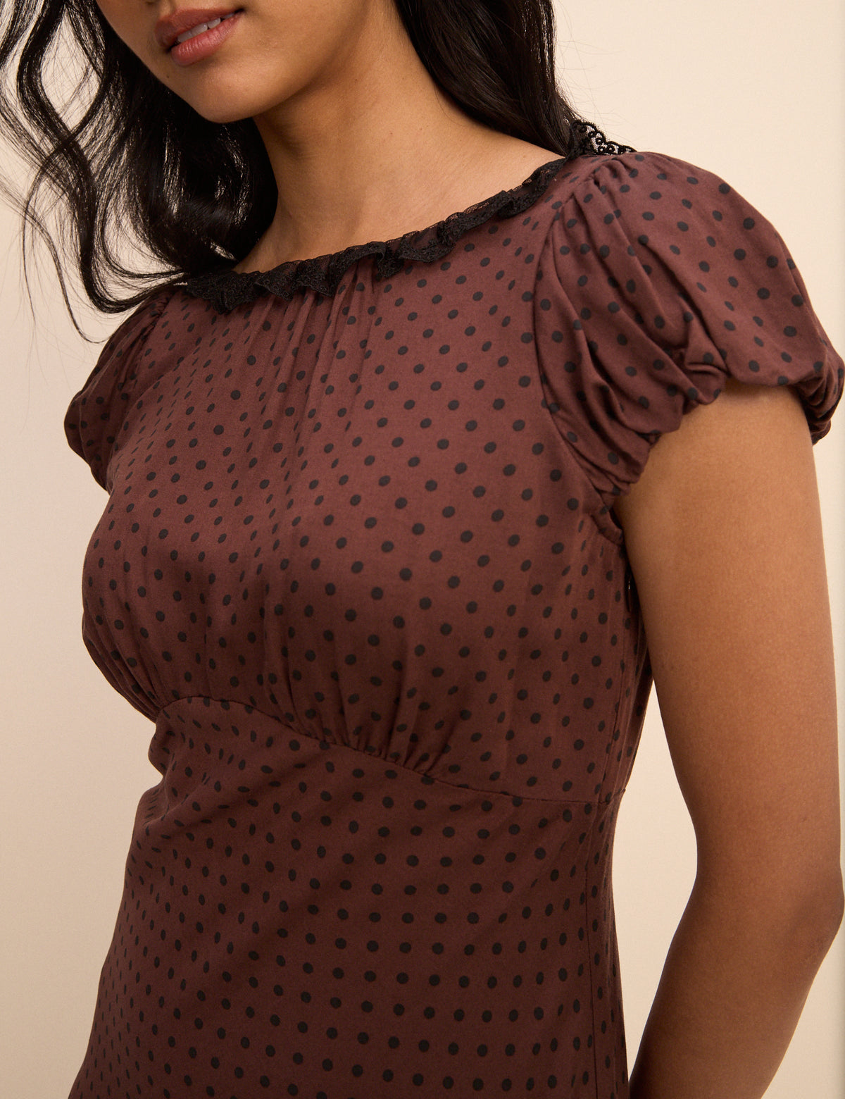 Petite Brown Polka Dot Puff Sleeve Marianna Midi Dress