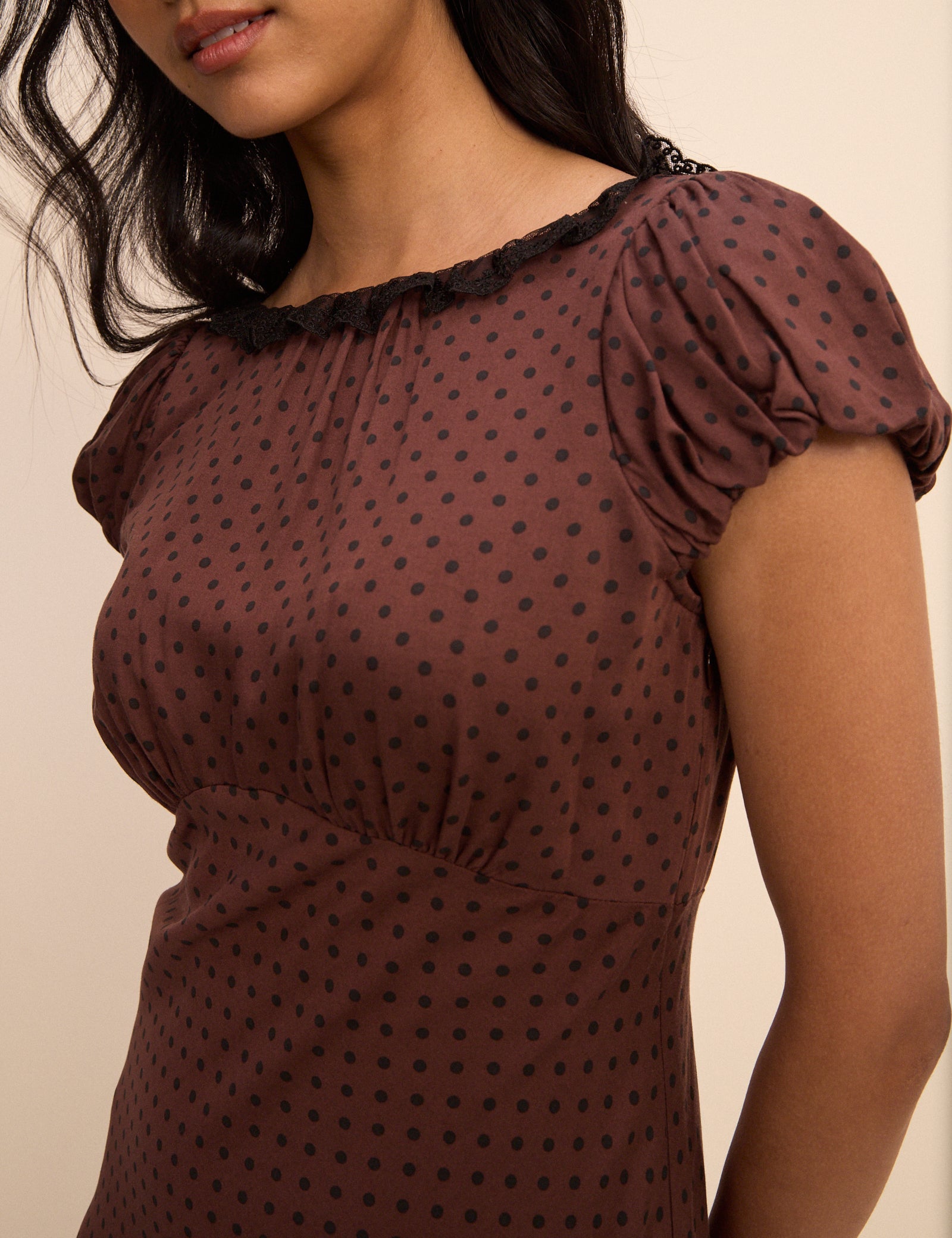 Petite Brown Polka Dot Puff Sleeve Marianna Midi Dress