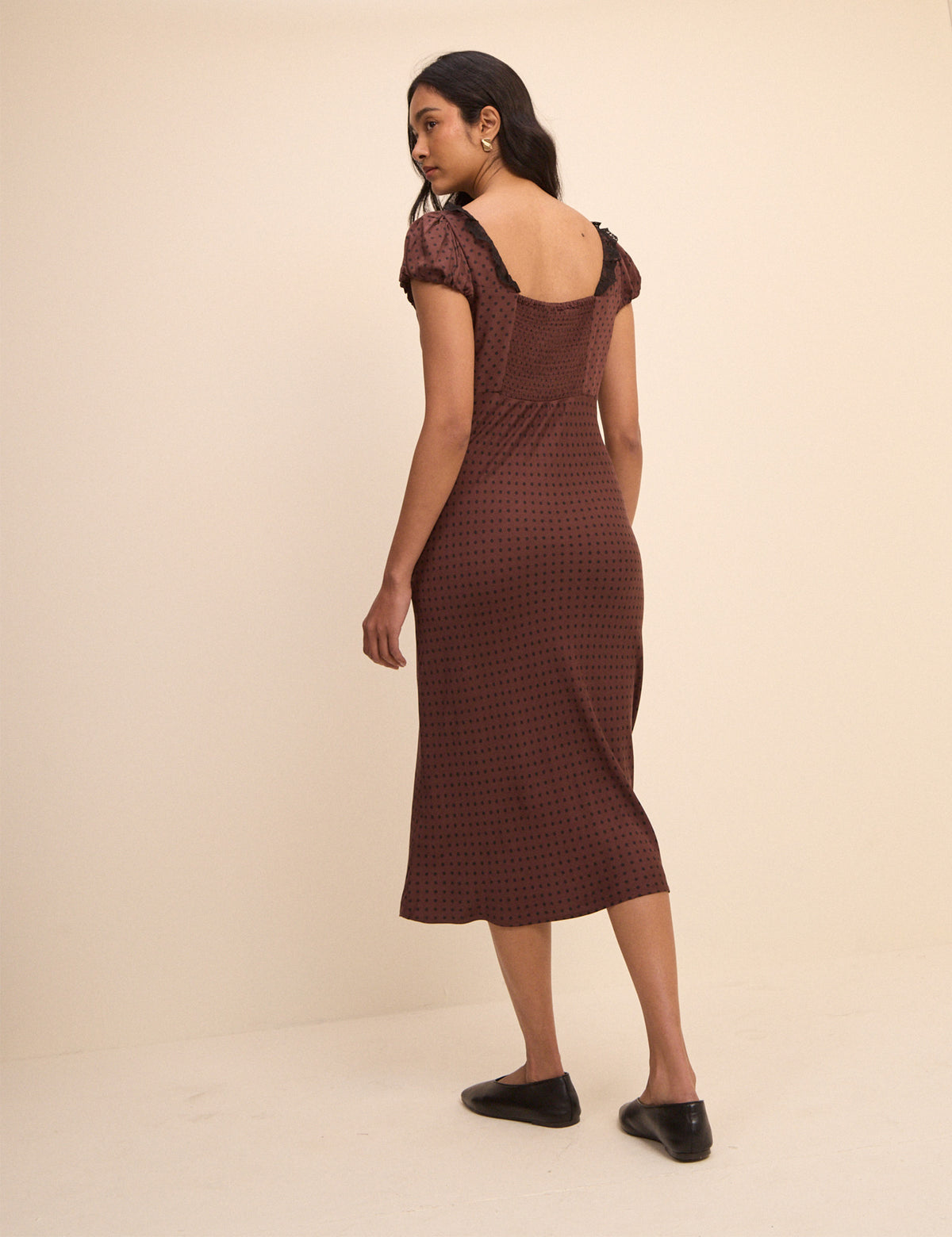 Petite Brown Polka Dot Puff Sleeve Marianna Midi Dress