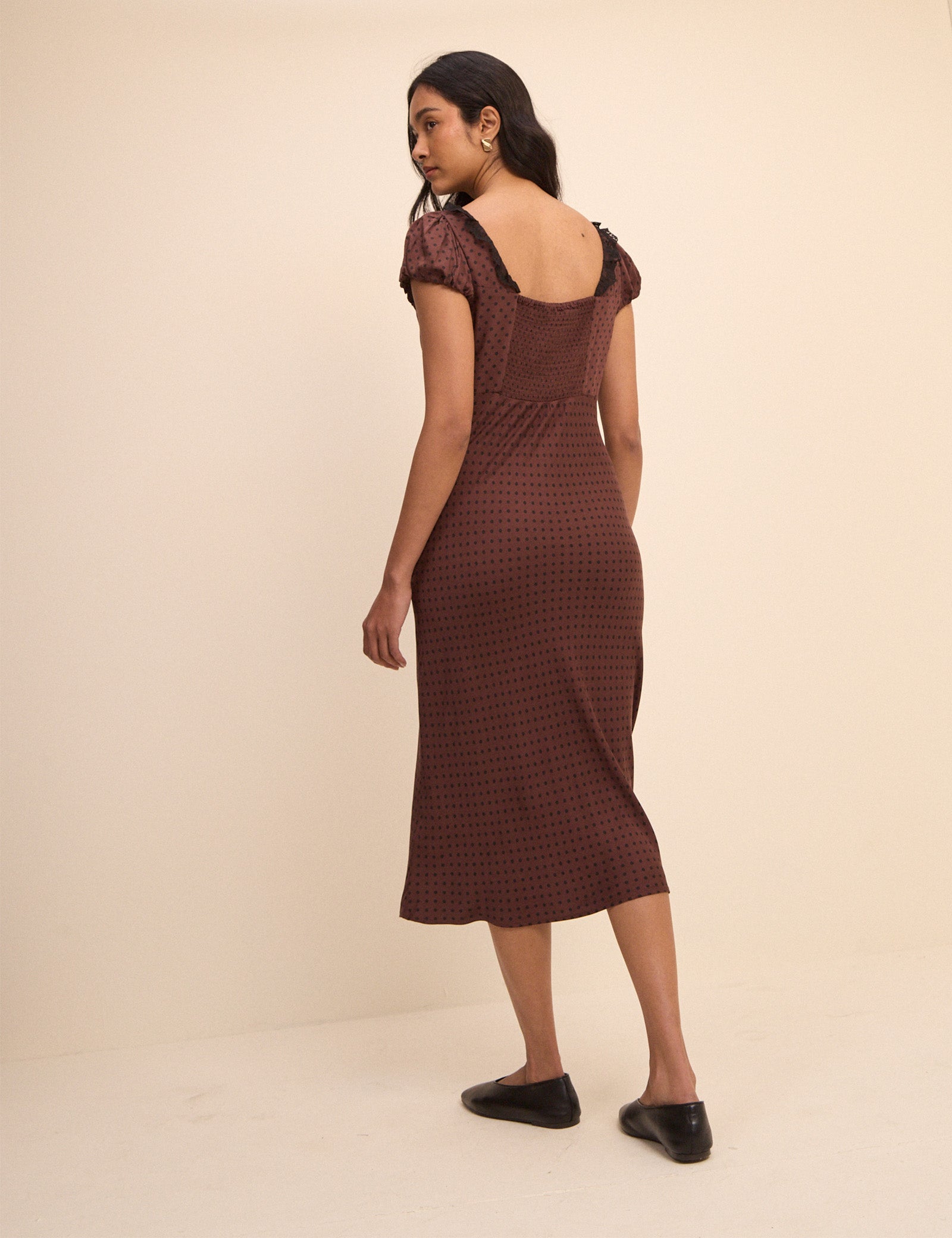 Petite Brown Polka Dot Puff Sleeve Marianna Midi Dress
