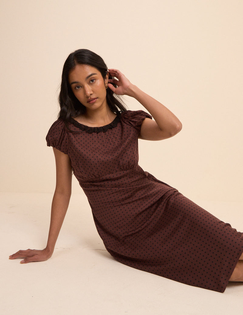 Petite Brown Polka Dot Puff Sleeve Marianna Midi Dress